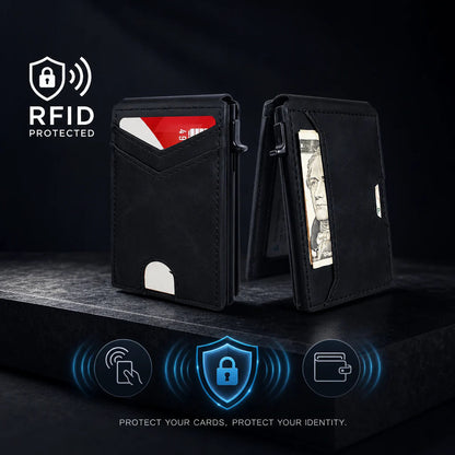 Slim RFID Wallet for Men - Pop-Up Card Holder with Money Clip & Dual ID Windows